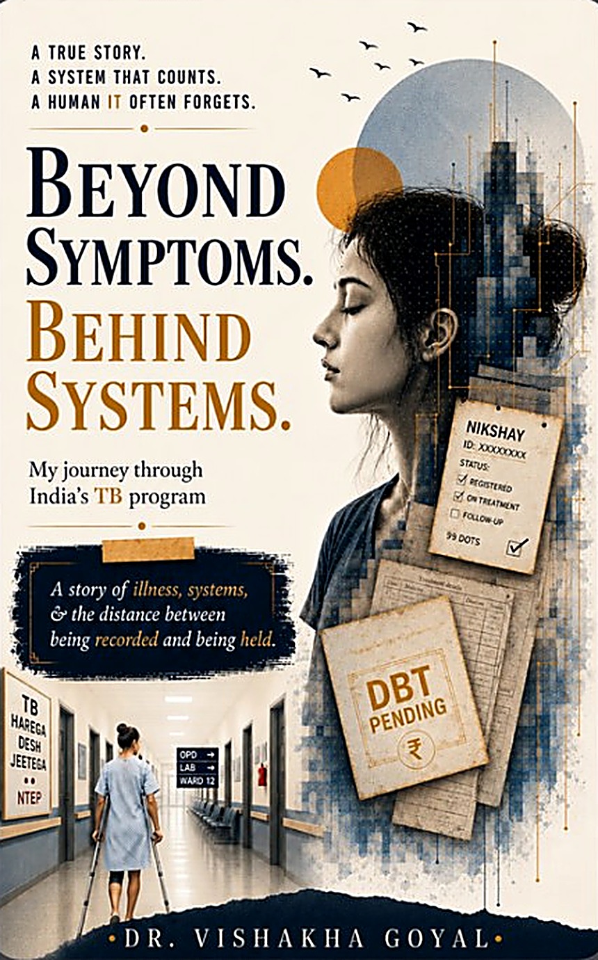 Book cover: Beyond Symptoms. Behind Systems. My journey through India's TB program, by Dr. Vishakha Goyal